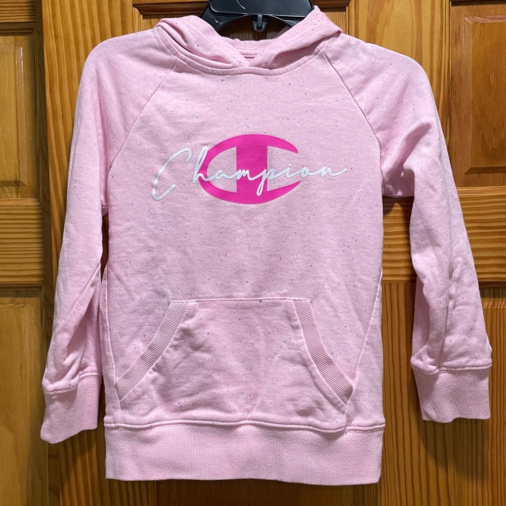 Champion Girls Small Long Sleeve Hoodie Candy Pink Speckled Kangaroo Pocket